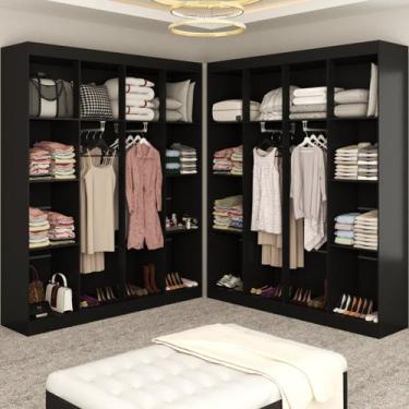 Imagem de Closet Casal em L Ele e Ela 4 Metros 16 Prateleiras 4 Cabideiros Preto
