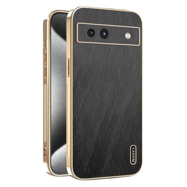 Imagem de Yarxiawin Capa de telefone para Google Pixel 7A à prova de choque, textura de fio dourado para Google Pixel 7A, capa de silicone fina galvanizada preta de couro anti-impressão digital (preto)