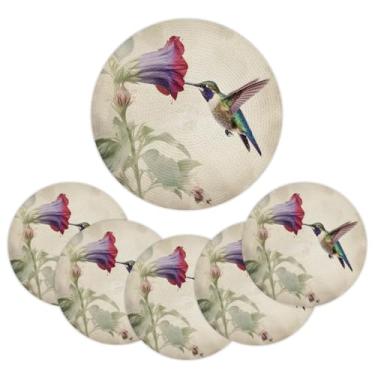 Imagem de Hsnar Jogo americano trançado redondo conjunto de 6 tapetes florais de beija-flor mel para cozinha, mesa de jantar, 38 cm, laváveis e resistentes ao calor, ambientes internos e externos