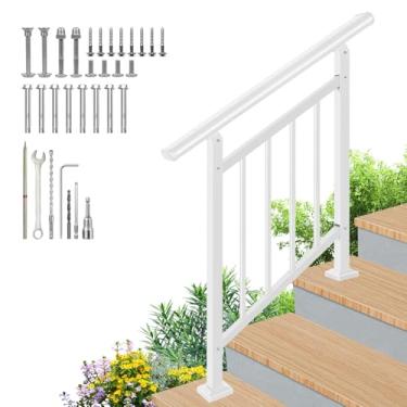 Imagem de Corrimão de escada 2 em 1 e grade horizontal, kit de corrimão de escada ajustável de 3 degraus, corrimãos de ferro forjado branco para degraus externos, concreto, madeira, deck e trilhos de mão, com