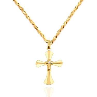 Imagem de Corrente Cordão Singapura + Pingente Cruz Diamante Ouro 18k 40 cm - AG