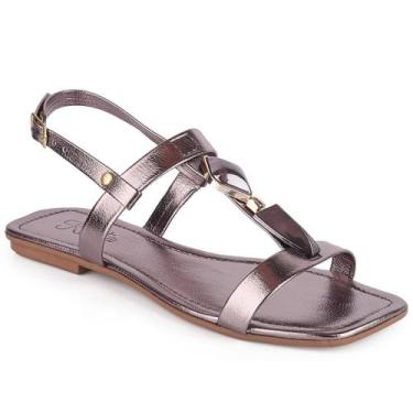 Imagem de Sandália Rasteira Feminina Metalizada com Pedrarias Confortável e Eleg