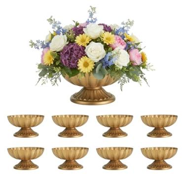 Imagem de Pacote com 8 vasos de urna para centros de mesa de centro de mesa vintage de metal dourado, vasos de arranjos de flores para mesa, tigela de compota martelada para festa de aniversário de Natal