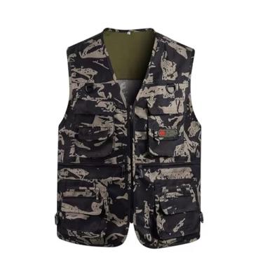 Imagem de Colete De Pesca Com Bolsos, Colete Homem Camuflado Com Gola V Multiusos Fecho Respirável E Sem Mangas Para Pesca, Casaco Casual Sem Mangas Campismo À Prova Vento Água, Fotográfico(D,XL)