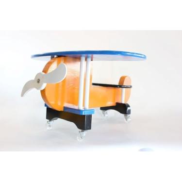 Imagem de Avião de Brinquedo em Madeira, Laranja e Azul, Grande Porte, Design Clássico com Hélice Decorativa e Base com Rodas