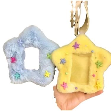 Imagem de Tiosen Porta-cartão fotográfico com design de estrela, chaveiro de pelúcia de 7,6 cm, estojo amarelo para crachá de identificação com mangas protetoras