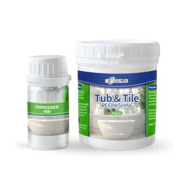 Imagem de Elecoman Tinta branca brilhante para banheira e azulejo 473 ml com endurecedor, à base de água e baixo odor, kit de pintura de retoque de banheira para pia, banheiro, cozinha, chuveiro, porcelana e