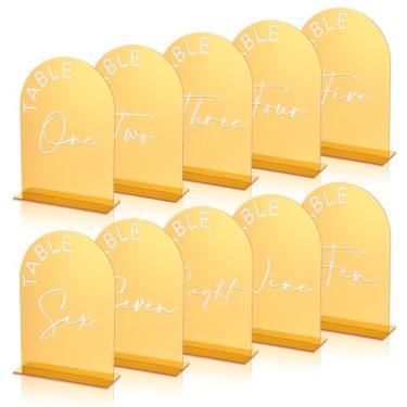 Imagem de Números de mesa espelhados dourados 1-10 para casamento 12 x 17 cm placas com suportes espelhadas mesas de acrílico arqueadas placas numéricas para festa, aniversário, decoração de evento