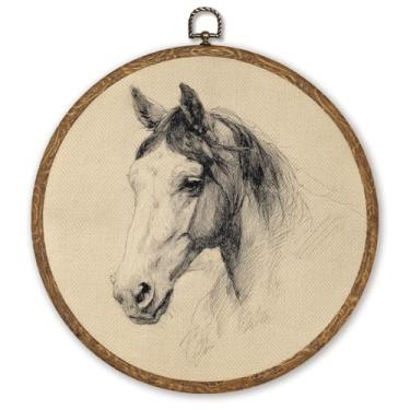 Imagem de WMSYUO Arte de parede redonda de coelho floral, 25,5 x 25,4 cm, estampa em tela de animais de casa de campo, vintage, para quarto de crianças ou decoração de casa de primavera (cavalo cinza)