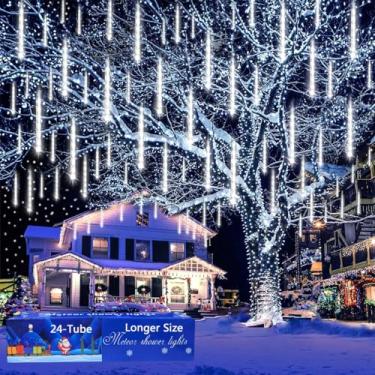 Imagem de Aokudoni Luzes de Natal ao ar livre, 24 tubos de luzes de chuva de meteoros (equivalente a 3 conjuntos de 8 tubos), decorações de Natal externas à prova d'água para árvore janela, quintal, festa