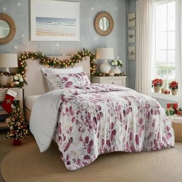 Imagem de Regency Heights Conjunto de edredom botânico leve, tamanho solteiro, design reversível com estampa listrada, conjunto de cama de microfibra premium, edredom e fronha, ameixa/cinza