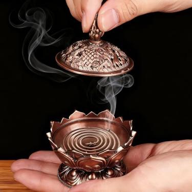 Imagem de Suporte de cone de incenso vintage de lótus para forno de incenso antigo, decoração de casa, ornamento de aromaterapia, ioga, bronze vermelho