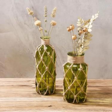Imagem de Chuangdi Conjunto de 2 vasos de vidro costeiros para flores, pequeno vaso de flores com corda boho, garrafa decorativa de praia para mesa náutica costeira centro de mesa decoração de arranjo floral de