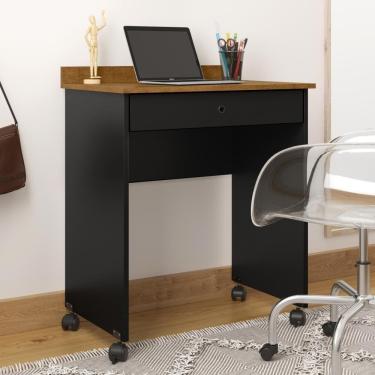 Imagem de Mesa Para Computador ou Notebook com Gaveta e Rodízios Prisma - Preto com Freijó