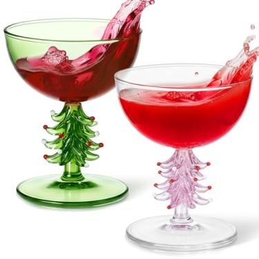 Imagem de Sunnychicc 2 peças de taça de vinho com haste de árvore de Natal de cristal vintage elegante taça de vinho para festa alegre festiva ano novo alegria natal decoração de temporada de inverno (rosa e