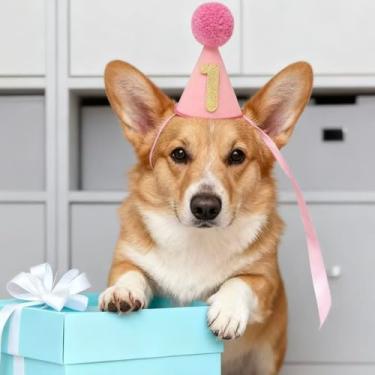 Imagem de Chapéu de aniversário para animais de estimação, números intercambiáveis 1-10, chapéu cone de festa ajustável para cães e gatos, adereço de foto rosa para comemorações de aniversário
