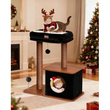 Imagem de Árvore moderna para gatos em ambientes internos, estilo loft nórdico, torre de madeira para gatos com hastes de sisal, camas acolchoadas macias e condomínios aconchegantes, montada no chão para