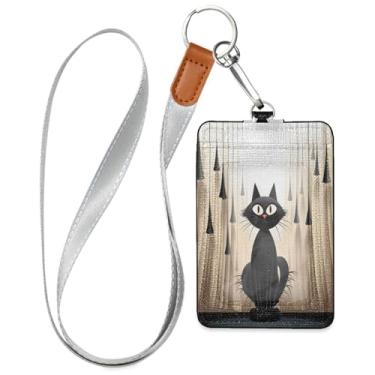 Imagem de Wassud Lindos cordões de couro PU de gato preto para crachás de identificação, porta-nomes, porta-chaves, porta-crachás, cartões de crédito para escritórios, funcionários, estudantes, funcionários