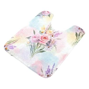 Imagem de Burbuja Tapete de banheiro com flores pastel, tapete de banho absorvente de pelúcia macio, base antiderrapante para piso de banheiro, oval em forma de U