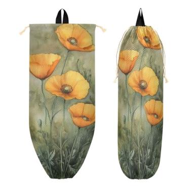 Imagem de xigua Suporte de parede para saco plástico de papoulas laranja aquarela com cordão 1 pacote, organizador de sacolas de supermercado reutilizável para bolsas, meias, roupas íntimas e gravatas