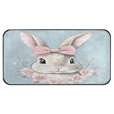 Imagem de Burbuja Tapete de cozinha coelho com laço rosa 51 x 99 cm, tapete lavável antiderrapante com suporte de borracha, tapete para cozinha, sala de estar, banheiro, decoração de casa
