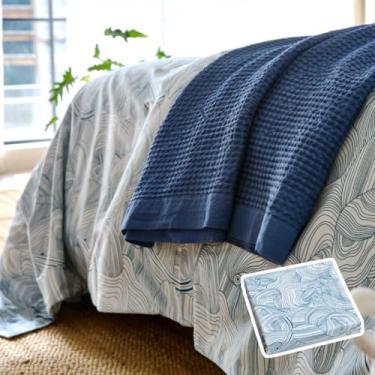 Imagem de Vesta Lençol de elástico 100% algodão Pima, linha artística 400TC listrada, respirável e suave, certificado Oeko-TEX (tinta azul, casal/Queen)