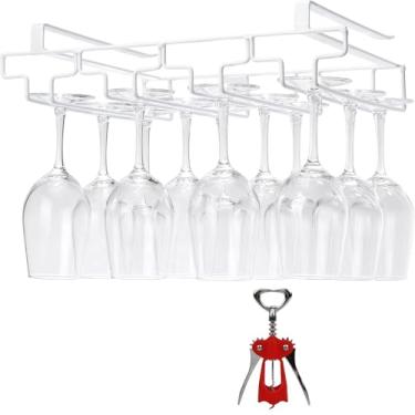 Imagem de Suporte de copo de vinho sob o armário, sem perfuração e suporte de copo sem parafusos, rack de pendurar para copo de vinho de metal, organizador de armazenamento suspenso de aço inoxidável, adequado