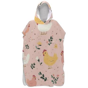 Imagem de Joisal Poncho de surf fofo de galinha rosa para adultos trocador de roupão de banho toalhas com capuz vestíveis femininos ponchos com capuz