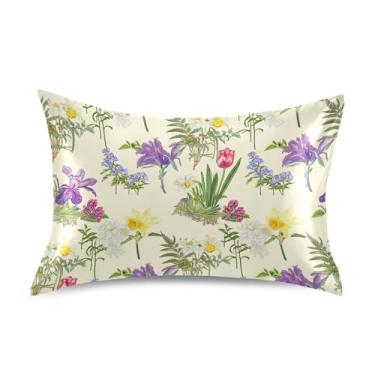 Imagem de Flores coloridas narcisos bege cetim cool fronhas personalizadas resfriamento padrão queen king size fronhas de cama para cabelo tamanho padrão 66 cm x 50 cm