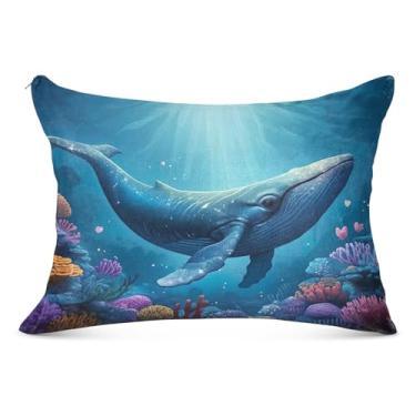 Imagem de Capa de almofada de flanela de mar floral de baleia vibrante com zíper King Queen Capas de travesseiro padrão para cama fofa, tamanho king, 50,8 cm x 101,6 cm