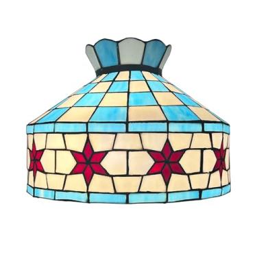 Imagem de Cúpula de reposição Tiffany de 40 cm (16 polegadas) em vitral com estrela da Morávia, na cor azul mediterrânea e branca. Ideal para abajures de mesa, de chão e pendentes.