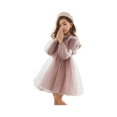 Imagem de Vestido De Princesa De Renda Para Meninas, Manga Lanterninha, Decote R