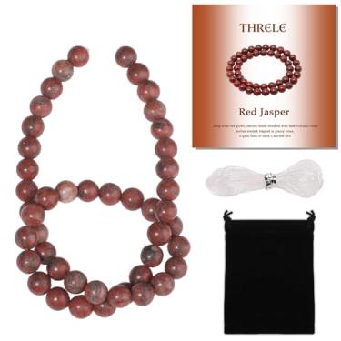 Imagem de THRELE Contas de pedra, 45 peças de jaspe vermelho, contas soltas redondas de 8 mm para fazer joias, pulseiras, com bolsa de presente, cordão elástico e cartão de tamanho