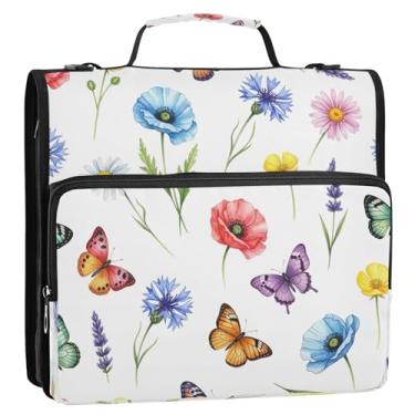 Imagem de Bolsa organizadora de fichário com zíper e borboletas coloridas com alça, 3 anéis de 3 anéis de 3,8 cm D para escola ou escritório
