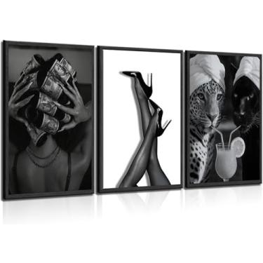 Imagem de 3 peças de arte de parede em tela de leopardo na moda preto e branco glamouroso mulher negra decoração de parede banheiro saltos de guepardo pôsteres imagens moda preppy luxo estético impressões