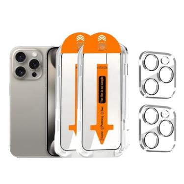 Imagem de Protetor de tela para iPhone 15 Pro Max [6,7 polegadas] vidro temperado + protetor de lente da câmera, tecnologia de alinhamento automático, sem bolhas, compatível com capas, antiarranhões [2 + 2