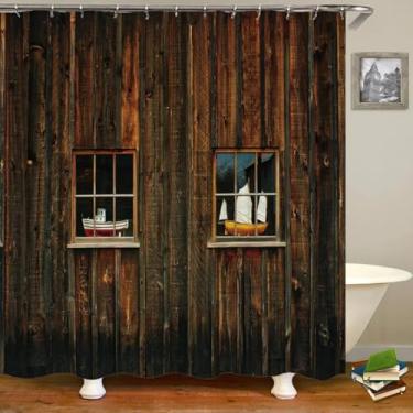 Imagem de Cortina de chuveiro de tecido rústico estilo retrô com padrão de grão de madeira, cortina de banheiro de poliéster impermeável com 12 ganchos 180 x 210 cm/LxA, cortinas de banheiro