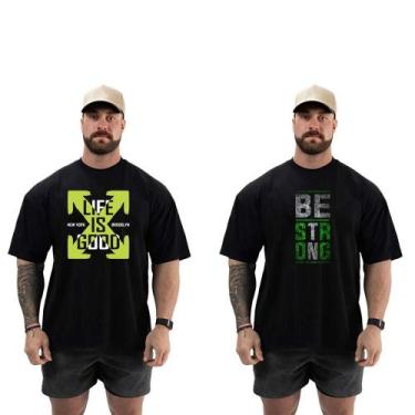 Imagem de Kit 2 Camisetas Masculinas Oversized Life & Be Strong, GG, Preto