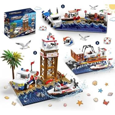 Imagem de Creator 3-in-1 Flatbed Truck Coastal Scene Building Set – Fishing Dock, Police Beach Rescue & Cargo Port Diorama, Compatible with Lego Police Sets, Display Build for Teens & Adults (750 Pieces)