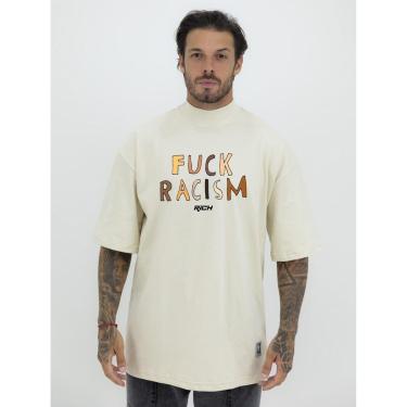 Imagem de Camiseta Camisa Oversized Gola Alta Estampa Fuck Rascim Racismo Streetwear Algodão Premium Creme-Masculino