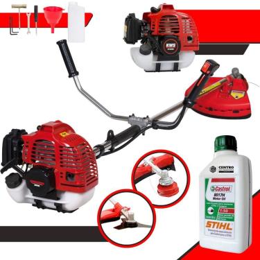 Imagem de Roçadeira À Gasolina Kawashima KW52-L KW52L 2T 52cc 2,5HP Modelo Completo C/ Lâmina, Carretel e Cinto de Sustentação Duplo + ÓLEO CASTROL STIHL 2T