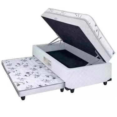 Imagem de Cama Box Baú Solteiro Conjugado De Molas Com Cama Auxiliar Bicama 3 Em