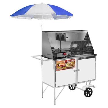 Imagem de Carrinho 2 em 1 Cefaz Hot Dog e Lanche Luxo Branco com Rodas Maciças e Guarda Sol BL09M/GS