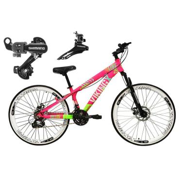 Imagem de Bicicleta Aro 26 Vikingx Tuff  21v Alumínio Câmbio Shimano Freio a Disco Aros Vmaxx Branco - Rosa/Verde