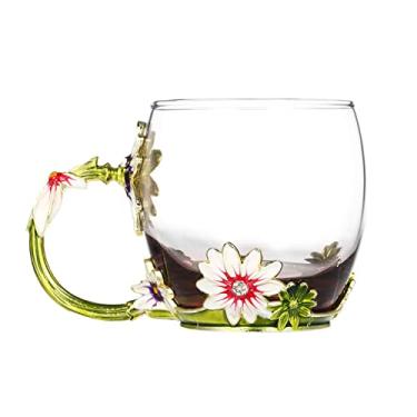 Imagem de Tingpai Ofício de esmalte crisântemo verde copo de água caneca de bebida com alça design xíca de café chá com colher conjunto de pano de limpeza 320 ml