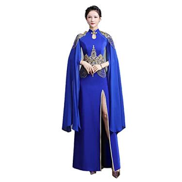 Imagem de Yajun Vestido Cheongsam chinês vintage longo qipao xale manga feminino plus size bodycon vestido gola mandarim vestido respirável, azul, G (peito: 90cm)