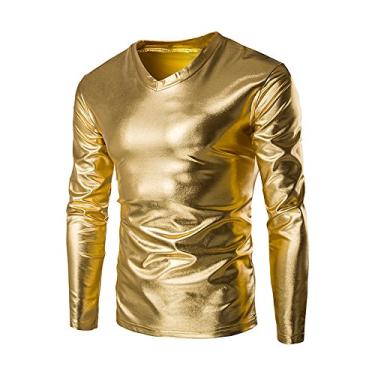 Imagem de Camiseta masculina de manga comprida brilhante com aparência molhada e caimento justo, gola V, camisa social masculina, 3GG, Dourado, GG