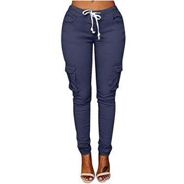 Imagem de Calças de moletom cargo femininas casuais largas cintura alta calça jogger calça justa Y2K streetwear com bolsos, Azul, GG