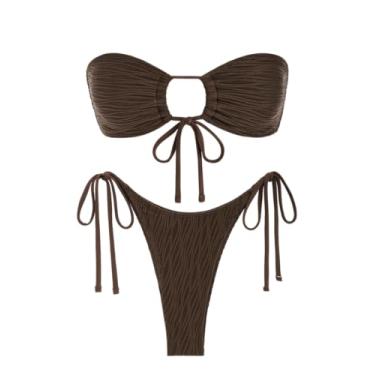 Imagem de ZAFUL Conjunto de biquíni bandeau feminino, biquíni tomara que caia, sem alças, corte alto, 2 peças, Café Z-deep, G