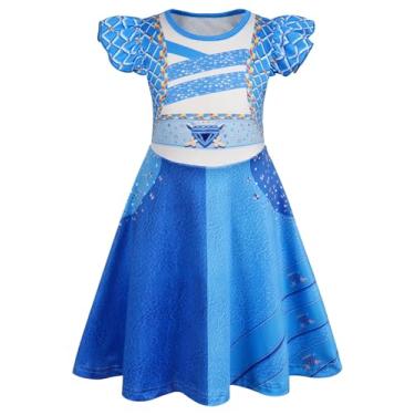 Imagem de WonderBabe Girls Descendants Chloe Costume Chloe Blue Dress Little Kids Blue Ruffle Sleeve Clothes Outfit Halloween Birthday Party Dress Up size 3-4t